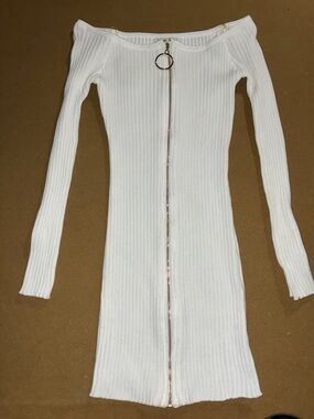 White Ribbed Off The Shoulder Dress with Gold Zipper Ring